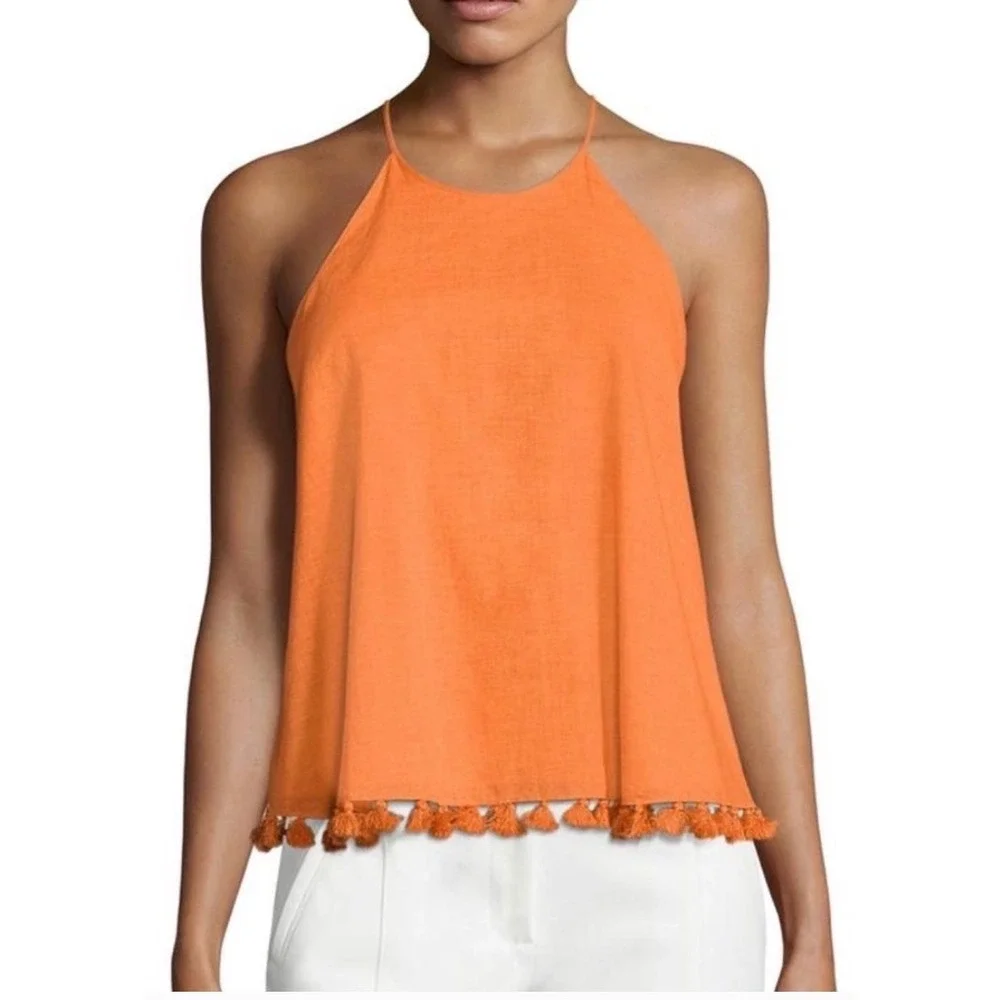 Tory Burch Tank‎ Top Halter Lindsay Blouse Pom Pom Hem Orange Cotton Women 10